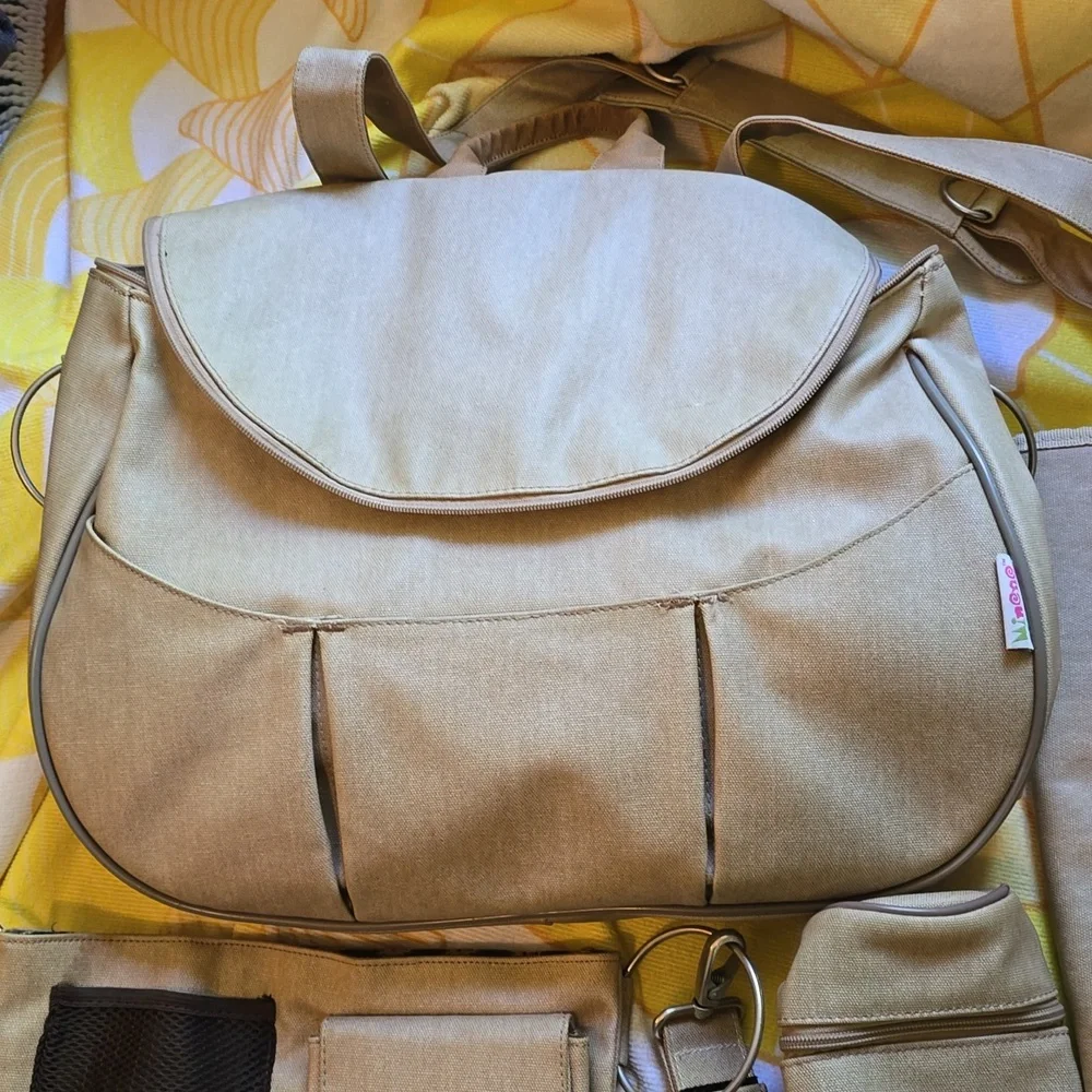 VGUC- Minene Tan Baby Diaper Bag with Adjustable Straps And Accessories